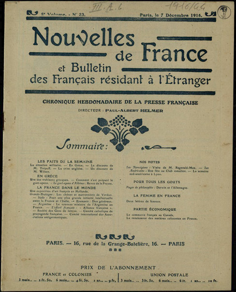 Nouvelles de France et Bulletin des Français résidant à l'étranger : chronique hebdomadaire de la presse française